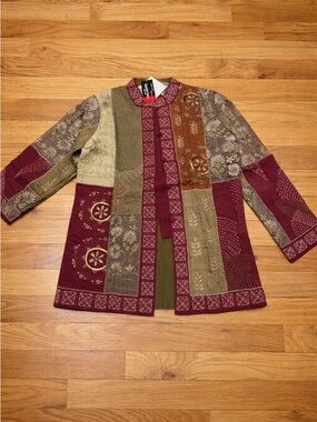 Patchwork Floral Embroidered Women's Jacket - Burgundy & Olive